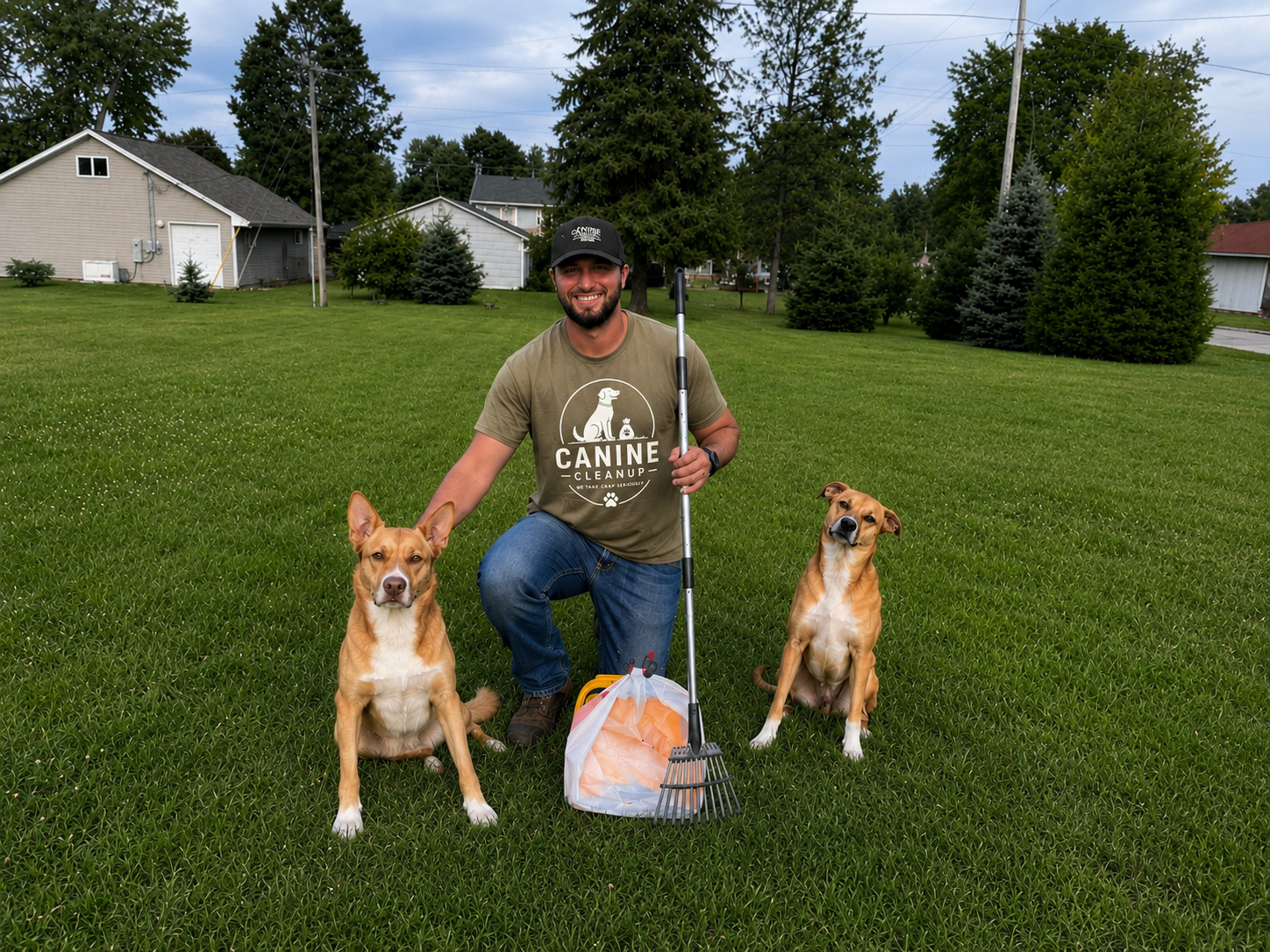 Bryan from Canine Cleanup with two dogs and cleanup gear in a Fox Valley yard